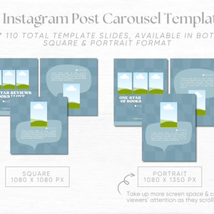 May include: 20 Instagram post carousel templates, 110 total template slides, available in both square and portrait format. The templates feature a blue background with a white cloud and green grass design. The text "One-Star Reviews of Books I Love" and "One-Star of Books" is included in the templates.