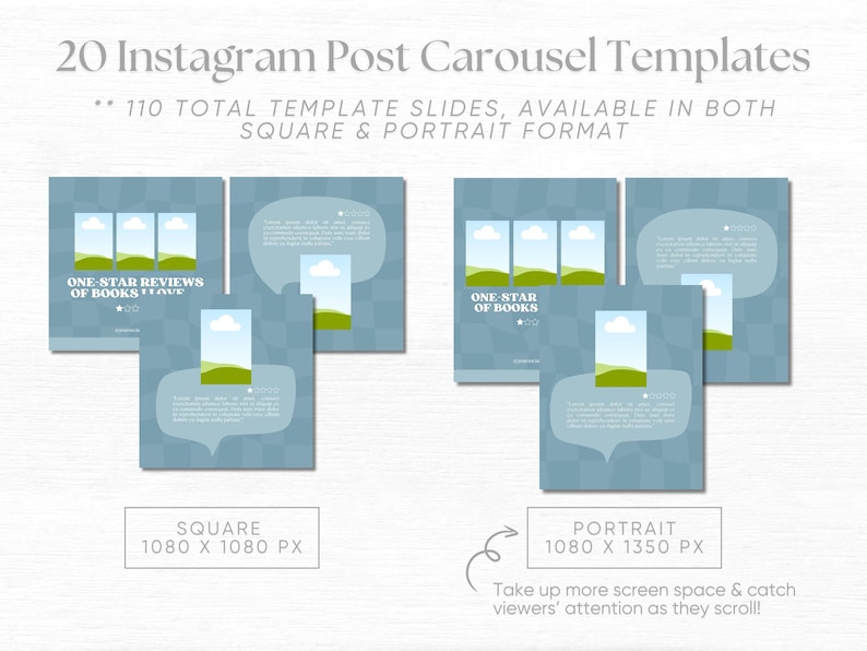 May include: 20 Instagram post carousel templates, 110 total template slides, available in both square and portrait format. The templates feature a blue background with a white cloud and green grass design. The text "One-Star Reviews of Books I Love" and "One-Star of Books" is included in the templates.