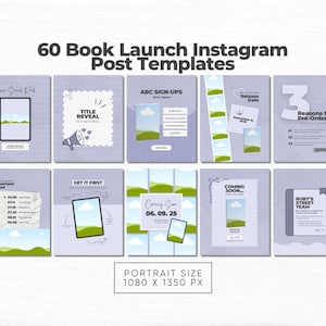 May include: A collection of 60 book launch Instagram post templates in a light purple color palette. The templates feature various layouts including placeholders for book covers, text boxes, lists, and graphic elements like megaphones and film strips.