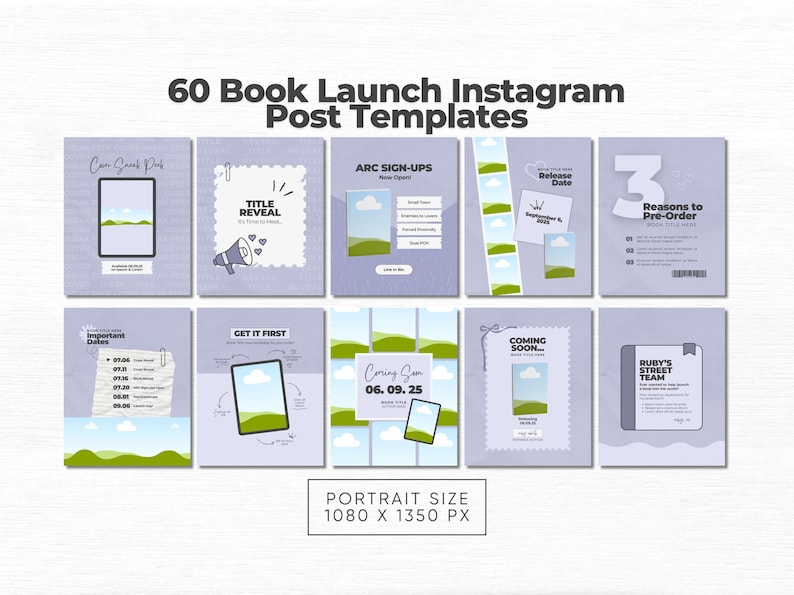 May include: A collection of 60 book launch Instagram post templates in a light purple color palette. The templates feature various layouts including placeholders for book covers, text boxes, lists, and graphic elements like megaphones and film strips.