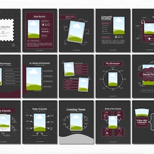 May include: A collection of 12 social media post templates featuring a book cover design with a green landscape and a white cloud. The templates include titles such as "Book Title Here", "Book Review", "Currently Reading", "Audiobook Review", "The Microtropes", "Author Spotlight", "Ruby & Justin", "Coming Soon", "Book of the Month", and "Sneak Peek".