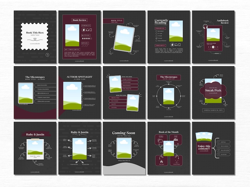 May include: A collection of 12 social media post templates featuring a book cover design with a green landscape and a white cloud. The templates include titles such as "Book Title Here", "Book Review", "Currently Reading", "Audiobook Review", "The Microtropes", "Author Spotlight", "Ruby & Justin", "Coming Soon", "Book of the Month", and "Sneak Peek".