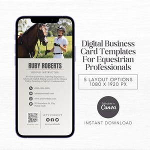 Paardrij-instructeur Sjabloon digitaal visitekaartje Visitekaartje paard QR-code Paardencoach Aanpasbaar Equestrian Canva Horse Pro Marketing