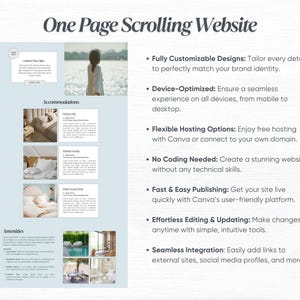 May include: A website mockup showcasing the features of a one-page scrolling website. The website is designed for a hotel or resort and features images of rooms, amenities, and a pool. The text highlights the website's customizable designs, device optimization, flexible hosting options, no coding needed, fast and easy publishing, effortless editing and updating, and seamless integration.
