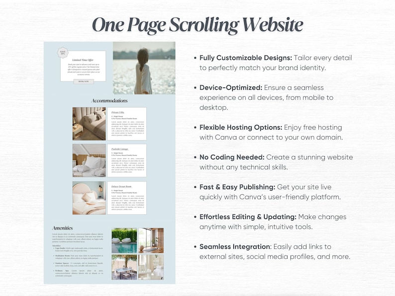 May include: A website mockup showcasing the features of a one-page scrolling website. The website is designed for a hotel or resort and features images of rooms, amenities, and a pool. The text highlights the website's customizable designs, device optimization, flexible hosting options, no coding needed, fast and easy publishing, effortless editing and updating, and seamless integration.
