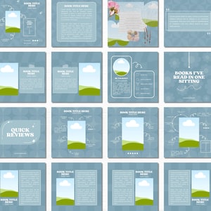 May include: A set of 16 blue and white Instagram story templates for book lovers. The templates feature illustrations of clouds, grass, and books. The text on the templates includes "Quick Reviews", "Books I've Read in One Sitting", and "Did You Like This Book?"