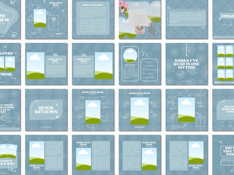May include: A set of 16 blue and white Instagram story templates for book lovers. The templates feature illustrations of clouds, grass, and books. The text on the templates includes "Quick Reviews", "Books I've Read in One Sitting", and "Did You Like This Book?"