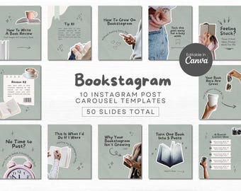 May include: A set of 10 Instagram post carousel templates for Bookstagram, with 50 slides in total. The templates include designs with text and illustrations about book reviews, Instagram growth, and book recommendations.
