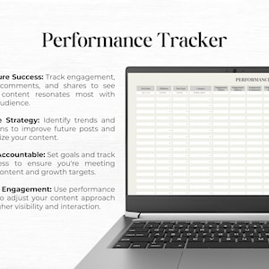 May include: A laptop computer with a spreadsheet open on the screen titled "Performance Tracker". The spreadsheet has columns for "Post Date", "Reach", "Engagement", "Impressions", "Total Planned", "Likes", "Comments", "Shares", and "Total Views". The text on the left side of the image describes how to use the spreadsheet to track social media performance.