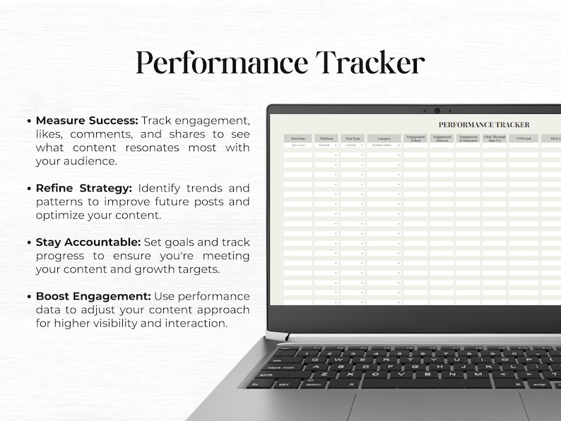 May include: A laptop computer with a spreadsheet open on the screen titled "Performance Tracker". The spreadsheet has columns for "Post Date", "Reach", "Engagement", "Impressions", "Total Planned", "Likes", "Comments", "Shares", and "Total Views". The text on the left side of the image describes how to use the spreadsheet to track social media performance.