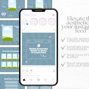 May include: A blue and white Instagram post template with a white box that says "6 Books Everyone Needs To Read At Least Once". The template has a blue background with a white star and a white arrow. The template is surrounded by a white border.