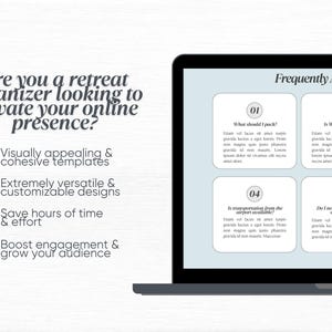 May include: A laptop screen displaying a light blue background with a Frequently Asked Questions section. The section is divided into five cards with numbers 1 through 5. Each card has a question and a short answer. The questions are: What should I pack?, Is Wi-Fi available?, Is transportation from the airport available?, Do I need any prior yoga experience?