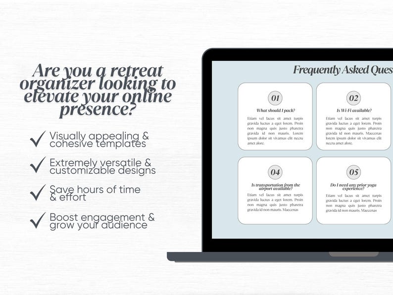 May include: A laptop screen displaying a light blue background with a Frequently Asked Questions section. The section is divided into five cards with numbers 1 through 5. Each card has a question and a short answer. The questions are: What should I pack?, Is Wi-Fi available?, Is transportation from the airport available?, Do I need any prior yoga experience?