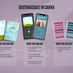May include: An image showcasing design elements with the text "CUSTOMIZABLE IN CANVA". It features two smartphones displaying app interfaces, two book covers, and color palette swatches. The image highlights editing options for book covers, audiobooks, and color adjustments.