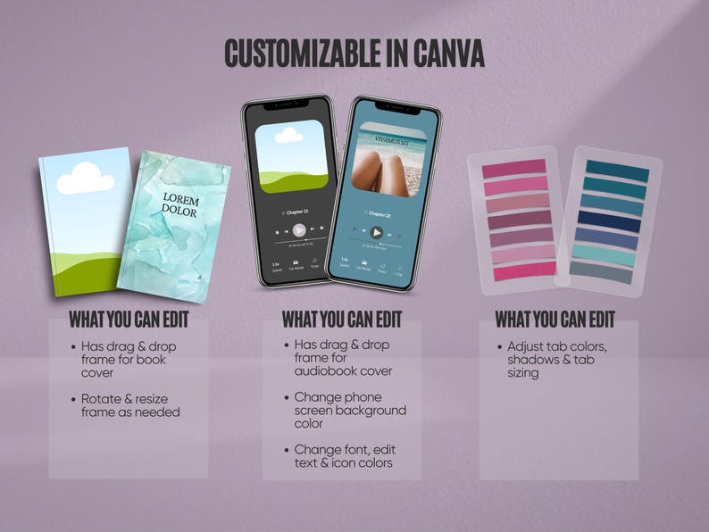 May include: An image showcasing design elements with the text "CUSTOMIZABLE IN CANVA". It features two smartphones displaying app interfaces, two book covers, and color palette swatches. The image highlights editing options for book covers, audiobooks, and color adjustments.