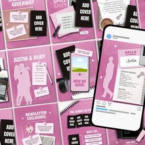 K&ouml;nnte beinhalten: Eine Sammlung digitaler Social-Media-Vorlagen in einer rosa Farbpalette mit verschiedenen Layouts f&uuml;r die Buchwerbung. Die Designs enthalten Platzhalter f&uuml;r Buchcover, Charakterprofile, Playlists und H&ouml;rb&uuml;cher auf einem Smartphone.