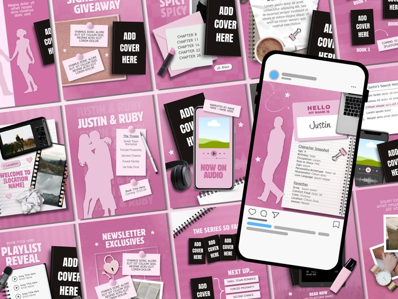 K&ouml;nnte beinhalten: Eine Sammlung digitaler Social-Media-Vorlagen in einer rosa Farbpalette mit verschiedenen Layouts f&uuml;r die Buchwerbung. Die Designs enthalten Platzhalter f&uuml;r Buchcover, Charakterprofile, Playlists und H&ouml;rb&uuml;cher auf einem Smartphone.