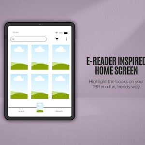 May include: A black tablet displays an e-reader home screen with six landscape images of green hills and blue skies. The screen includes a search bar, shopping cart icon, and the words "HOME" and "LIBRARY". Text on the screen reads "E-READER INSPIRED HOME SCREEN".