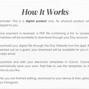 May include: Text explaining how to access and use digital templates. The text says "How It Works" and includes instructions for downloading, editing, and uploading templates to Instagram.