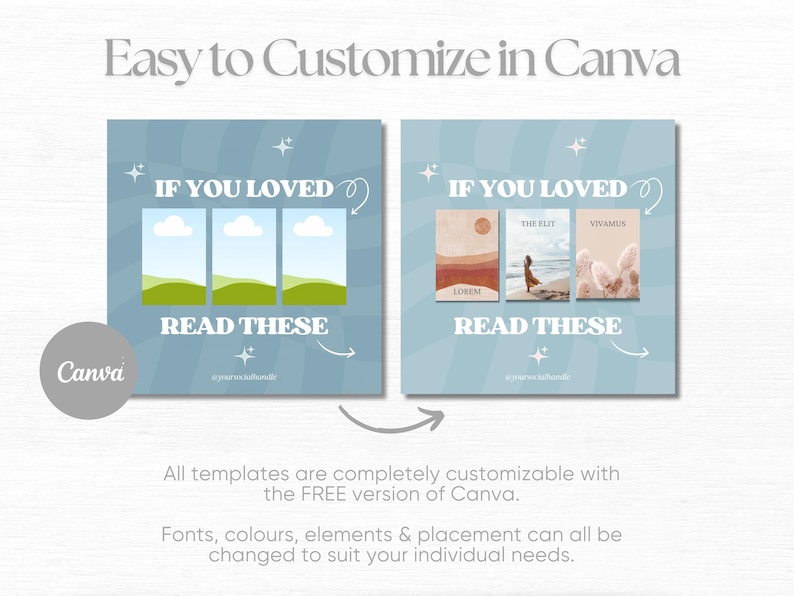 May include: Two blue and white Canva templates with the text "If you loved, read these" and images of nature. The first template has three images of green hills and blue skies. The second template has three images of a sunset, a woman in a white dress, and a pink flower.