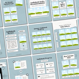 Puede incluir: Una colecci&oacute;n de gr&aacute;ficos de redes sociales de color azul claro que promocionan audiolibros. Los gr&aacute;ficos incluyen texto como "Mis narradores de audiolibros favoritos", "Rese&ntilde;a de audiolibros" y "Resumen de audiolibros de enero".