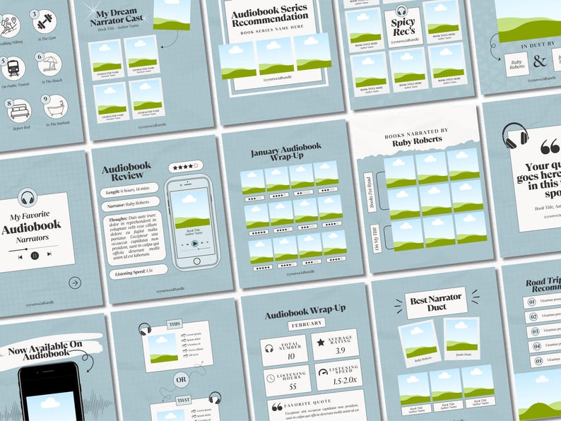 Puede incluir: Una colecci&oacute;n de gr&aacute;ficos de redes sociales de color azul claro que promocionan audiolibros. Los gr&aacute;ficos incluyen texto como "Mis narradores de audiolibros favoritos", "Rese&ntilde;a de audiolibros" y "Resumen de audiolibros de enero".