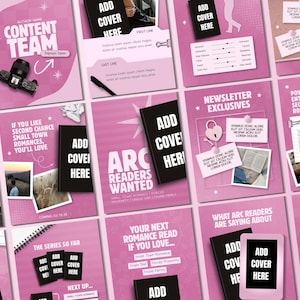 K&ouml;nnte beinhalten: Eine Sammlung digitaler Social-Media-Vorlagen in einer rosa Farbpalette mit verschiedenen Layouts f&uuml;r das Buchmarketing. Die Designs enthalten Platzhalter f&uuml;r Buchcover, Textfelder, Fotorahmen und Symbole wie Herzen und Kameras.