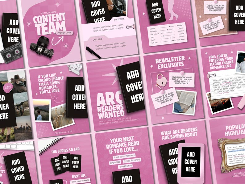 K&ouml;nnte beinhalten: Eine Sammlung digitaler Social-Media-Vorlagen in einer rosa Farbpalette mit verschiedenen Layouts f&uuml;r das Buchmarketing. Die Designs enthalten Platzhalter f&uuml;r Buchcover, Textfelder, Fotorahmen und Symbole wie Herzen und Kameras.