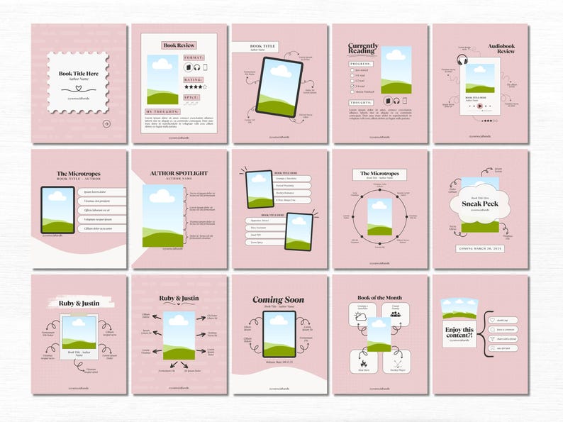 May include: A collection of 12 pink and white Instagram story templates for book bloggers. Each template features a different design with a book cover, text, and illustrations. The templates are perfect for promoting new releases, sharing book reviews, and connecting with readers.