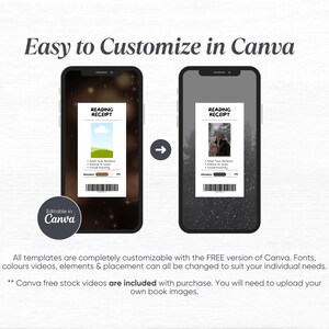 May include: Two smartphones displaying a "Reading Receipt" template, with the text "Easy to Customize in Canva." The left phone shows a landscape image, while the right shows a photo. The Canva logo is visible. Text at the bottom explains customization.