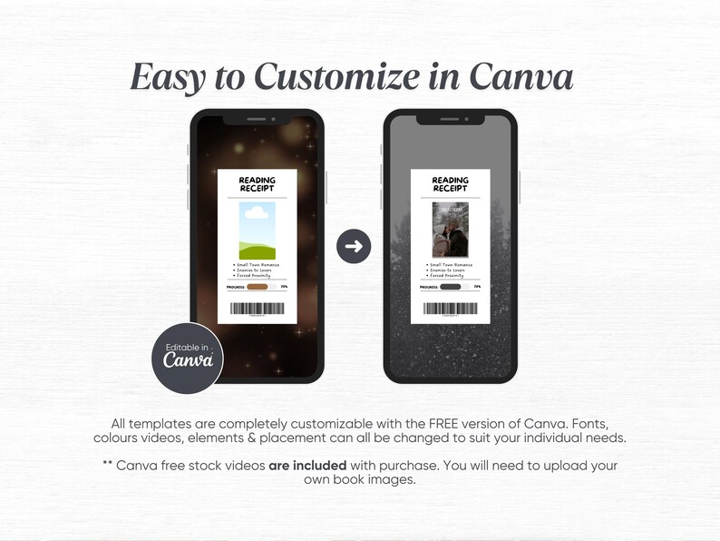 May include: Two smartphones displaying a "Reading Receipt" template, with the text "Easy to Customize in Canva." The left phone shows a landscape image, while the right shows a photo. The Canva logo is visible. Text at the bottom explains customization.