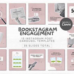 May include: A set of 13 Instagram post carousel templates in pink and white, designed for bookstagram use. The templates feature various layouts with text and graphics, promoting engagement with book-related content.