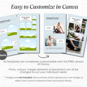 May include: Four Canva templates for a virtual event or retreat mood board. The templates feature a blue background with white text and images. The first template is for a virtual event and includes a title, date, and time. The second template is for a retreat mood board and includes a title and images of a yoga mat, a person doing yoga, and a person meditating. The third template is for a virtual event and includes a title, date, and time. The fourth template is for a retreat mood board and includes a title and images of a yoga mat, a person doing yoga, and a person meditating.