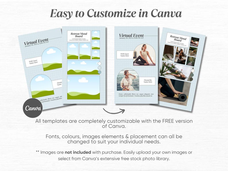 May include: Four Canva templates for a virtual event or retreat mood board. The templates feature a blue background with white text and images. The first template is for a virtual event and includes a title, date, and time. The second template is for a retreat mood board and includes a title and images of a yoga mat, a person doing yoga, and a person meditating. The third template is for a virtual event and includes a title, date, and time. The fourth template is for a retreat mood board and includes a title and images of a yoga mat, a person doing yoga, and a person meditating.