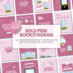 May include: A collection of forty-five pink Instagram post templates for book lovers, featuring various layouts with text like Bold Pink Bookstagram, My Favorite New-To-Me Authors, and Bookish Hot Takes, all designed for editing in Canva.