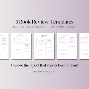 May include: Five printable book review templates in black and white. Each template has a different layout and includes sections for book details, overall rating, and space for notes. The templates are 8.5 inches by 11 inches.