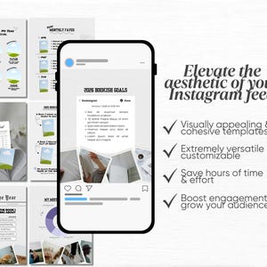 May include: A smartphone displays Instagram feed templates with the text "Elevate the aesthetic of your Instagram feed." The templates include graphics for "Book Besties," "Monthly Faves," and "Book of the Year." The image also includes checkmarks and text.