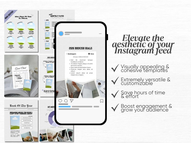 May include: A smartphone displays Instagram feed templates with the text "Elevate the aesthetic of your Instagram feed." The templates include graphics for "Book Besties," "Monthly Faves," and "Book of the Year." The image also includes checkmarks and text.