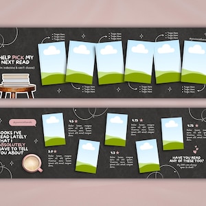 May include: A digital social media template featuring two dark gray chalkboard-style banners. The first banner displays the text HELP PICK MY NEXT READ and includes a stack of books on a stool. The second banner features the text BOOKS I'VE READ LATELY THAT I ABSOLUTELY HAVE TO TELL YOU ABOUT, a coffee cup, and multiple book cover placeholders with star ratings and placeholder text.