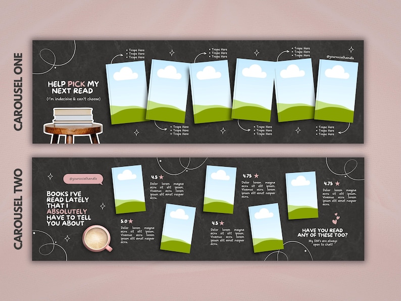 May include: A digital social media template featuring two dark gray chalkboard-style banners. The first banner displays the text HELP PICK MY NEXT READ and includes a stack of books on a stool. The second banner features the text BOOKS I'VE READ LATELY THAT I ABSOLUTELY HAVE TO TELL YOU ABOUT, a coffee cup, and multiple book cover placeholders with star ratings and placeholder text.