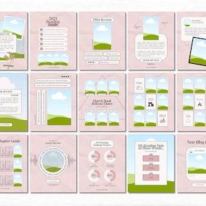May include: A collection of 12 Instagram post templates featuring a pastel pink background with green hills, blue clouds, and white text. The templates include titles such as "About Me", "2025 Reading Goals", "Mini Review", "Spicy Chapter Guide", "March Book Release Dates", "2023 Reading Challenge Progress", "My Reading Style in Three Words", and "New Blog Post".