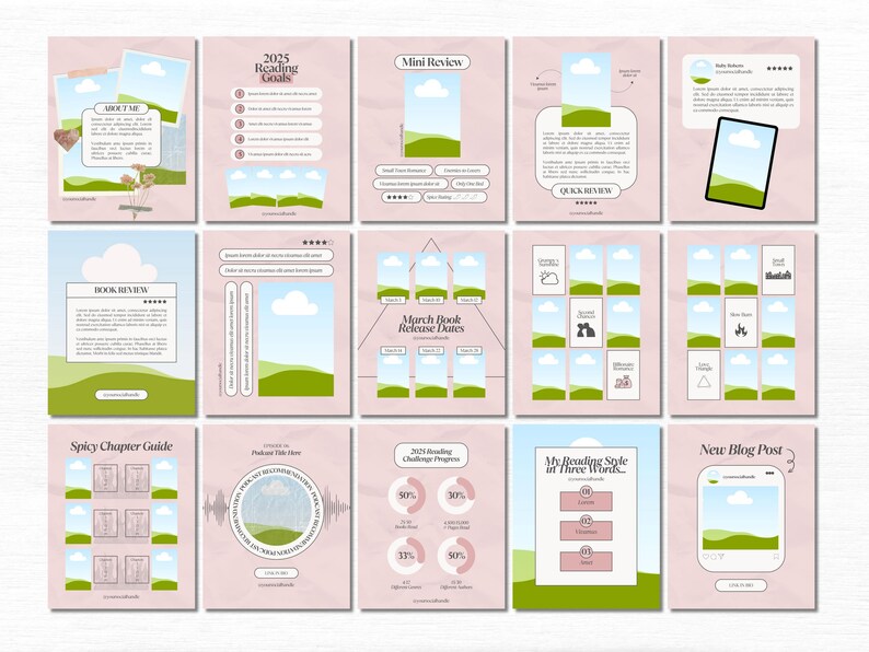 May include: A collection of 12 Instagram post templates featuring a pastel pink background with green hills, blue clouds, and white text. The templates include titles such as "About Me", "2025 Reading Goals", "Mini Review", "Spicy Chapter Guide", "March Book Release Dates", "2023 Reading Challenge Progress", "My Reading Style in Three Words", and "New Blog Post".