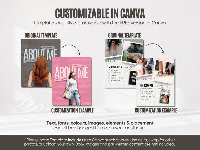 K&ouml;nnte beinhalten: Bild mit anpassbaren Canva-Vorlagen. Die Vorlagen umfassen Designs wie "About Me" und "Microtropes", mit Beispielen f&uuml;r Original- und angepasste Versionen. Text hebt die M&ouml;glichkeit hervor, Text, Schriftarten, Farben, Bilder und Platzierung zu &auml;ndern. Die Vorlagen verwenden kostenlose Canva-Stockfotos.