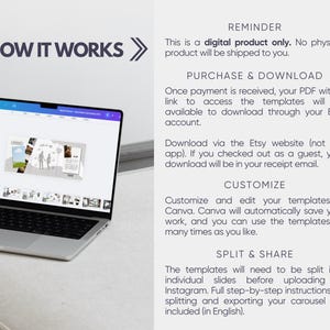 May include: A laptop displaying a digital template design on its screen, accompanied by text instructions titled HOW IT WORKS, REMINDER, PURCHASE & DOWNLOAD, CUSTOMIZE, and SPLIT & SHARE, explaining the process for accessing and editing digital files.
