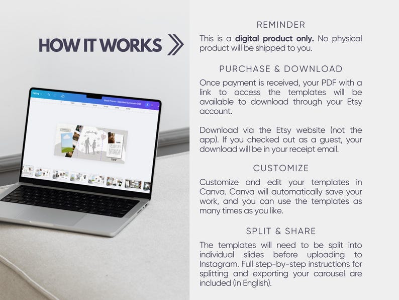 May include: A laptop displaying a digital template design on its screen, accompanied by text instructions titled HOW IT WORKS, REMINDER, PURCHASE & DOWNLOAD, CUSTOMIZE, and SPLIT & SHARE, explaining the process for accessing and editing digital files.