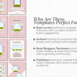 May include: A pink and white graphic design template for book lovers, authors, bloggers, and publishers. The template features a variety of book-themed illustrations, including a book stack, a book with a bookmark, and a book with a coffee cup. The text "Who Are These Templates Perfect For?" is displayed at the top of the image.