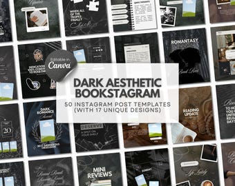 Puede incluir: Un conjunto de 50 plantillas de publicaciones de Instagram con 17 diseños únicos, con temática de libros y lectura. Las plantillas presentan una estética oscura con varios diseños, incluyendo superposiciones de texto y marcadores de posición de imágenes. El texto "DARK AESTHETIC BOOKSTAGRAM" se muestra.