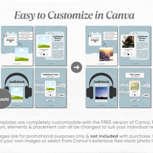 Puede incluir: Dise&ntilde;o de plantilla digital para audiolibros, con un fondo azul claro y elementos personalizables. El dise&ntilde;o incluye maquetas de portadas de audiolibros, interfaces de reproductor y el texto "Easy to Customize in Canva."