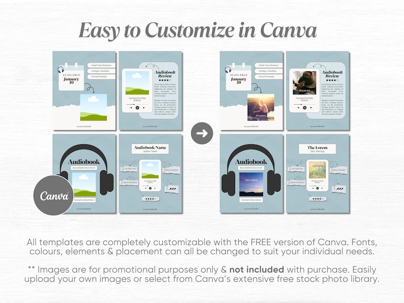 Puede incluir: Dise&ntilde;o de plantilla digital para audiolibros, con un fondo azul claro y elementos personalizables. El dise&ntilde;o incluye maquetas de portadas de audiolibros, interfaces de reproductor y el texto "Easy to Customize in Canva."