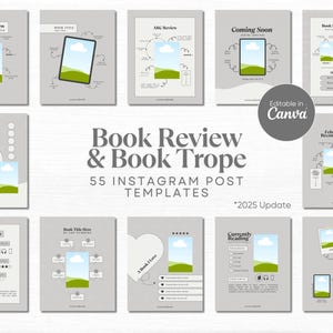 May include: A set of 55 Instagram post templates for book reviews and book tropes. The templates feature a variety of designs, including a book cover, a heart, a cloud, and a book stack. The templates are editable in Canva and are perfect for book bloggers and reviewers.